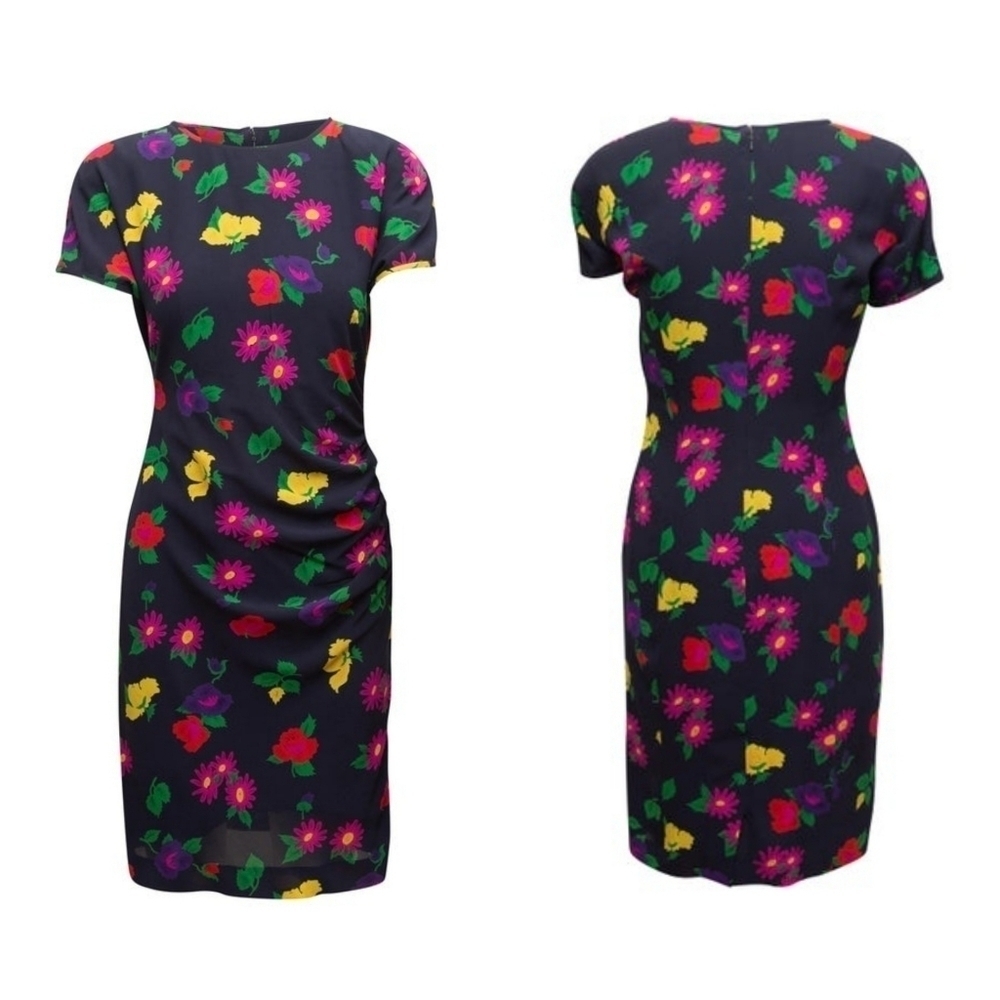 UNGARO Ter Vintage 90s Y2K Navy & Multi Silk Floral Print Dress